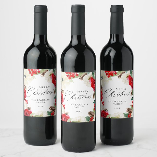 Elegant Merry Christmas Red Floral Wine Label (Bottles)