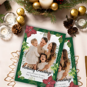Elegant Merry Christmas Red Flower Family Photo Holiday Card