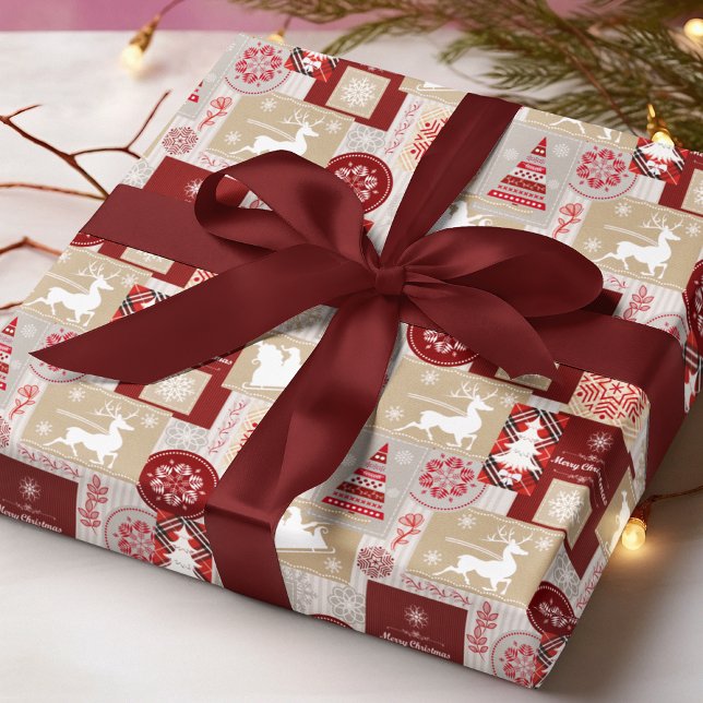 Elegant Merry Christmas Red Gold Collage Wrapping Paper (Creator Uploaded)