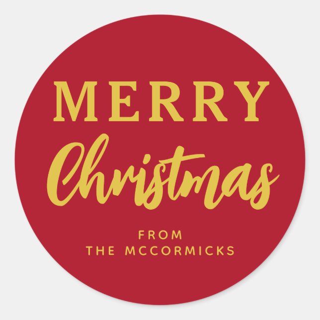 Elegant Merry Christmas Red Gold Script Custom Classic Round Sticker (Front)