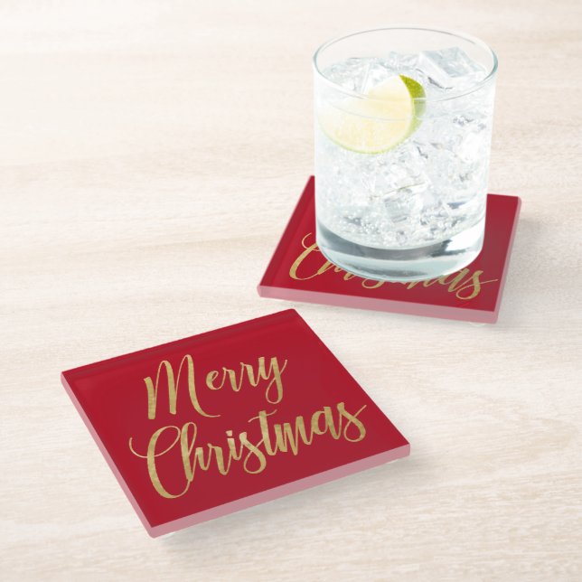 Elegant Merry Christmas Red & Gold Script Simple  Glass Coaster (Angled)
