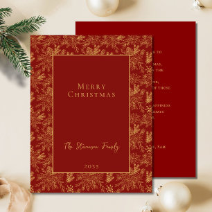 Elegant Merry Christmas Red Golden Poinsettia Pine Holiday Card