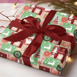 Elegant Merry Christmas Red Green Collage Wrapping Paper