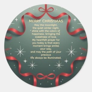 Elegant Merry Christmas Red Ribbon with Snowflakes Classic Round Sticker