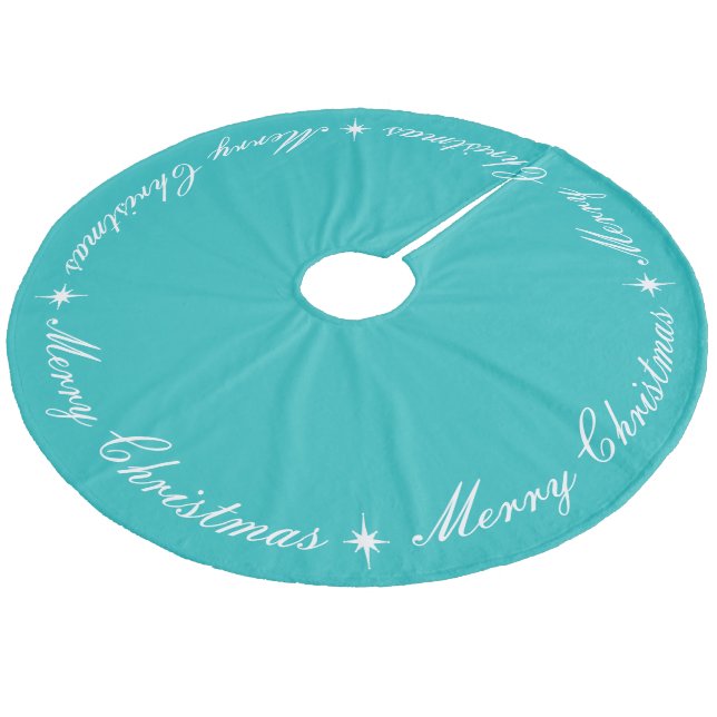 Elegant Merry Christmas Robins Egg Turquoise Fleece Tree Skirt (Angled)