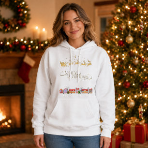 Elegant Merry Christmas Santa Sleigh Women’s White Hoodie