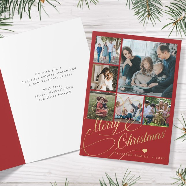 Elegant Merry Christmas script 6 photo collage red Holiday Card (Creator Uploaded)