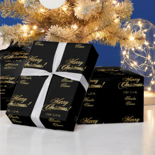 Elegant Merry Christmas Script Black and Gold Wrapping Paper