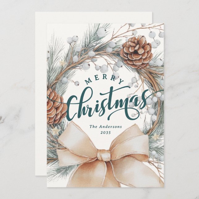 Elegant Merry Christmas Script Botanical Wreath  Holiday Card (Front/Back)