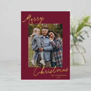 Elegant Merry Christmas Script Green Photo Foil Holiday Card