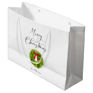 Elegant Merry Christmas Script Green Wreath  Large Gift Bag