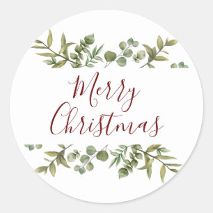 Elegant Merry Christmas Script Greenery Classic Round Sticker