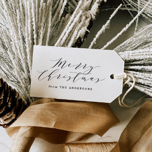Elegant Merry Christmas Script Grey Plaid Holiday Gift Tags