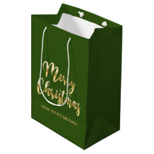 Elegant Merry Christmas script metallic gold green Medium Gift Bag