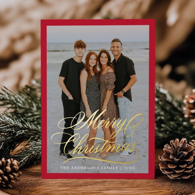 Elegant Merry Christmas Script Red 2 Photo Foil Holiday Card (Creator Uploaded)