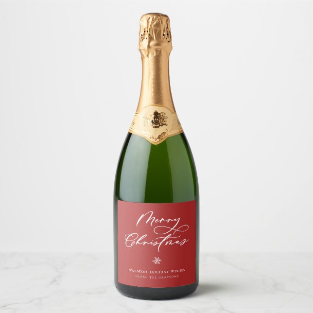 Elegant Merry Christmas Script Red Holiday Sparkling Wine Label (Front)
