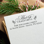Elegant Merry Christmas Script Return Address Rubber Stamp<br><div class="desc">This Holiday stamp featuring a 'Merry Christmas' script with pinecone twigs. For more advanced customisation of this design,  please click the DESIGN TOOL BUTTON above!</div>