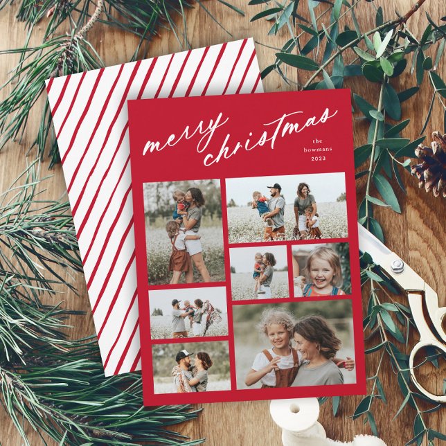 Elegant Merry Christmas Script Typography 7 Photo  Holiday Card (Minimal script merry christmas red and white multi photo collage holiday card with stripe backer.)