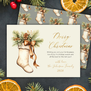 Elegant Merry Christmas Script Watercolor Stocking Holiday Card