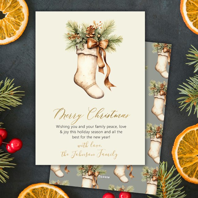 Elegant Merry Christmas Script Watercolor Stocking Holiday Card (Creator Uploaded)