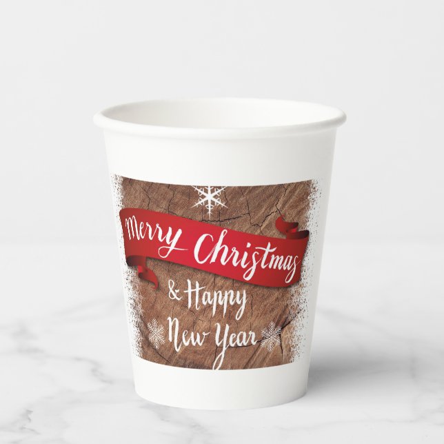 Elegant Merry Christmas Script White Snowflakes Paper Cups (Front)
