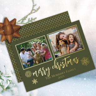Elegant Merry Christmas Snowflakes 2 Photo Foil Holiday Card