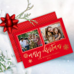 Elegant Merry Christmas Snowflakes 2 Photo Foil Holiday Card<br><div class="desc">Classy and elegant two photo gold foil script text "Merry Christmas" with foil snowflakes and gold foil photo frames design by Holiday Hearts Designs (rights reserved).  Back features a diagonal grid pattern in faux gold.  Placeholder template photos courtesy Unsplash.</div>