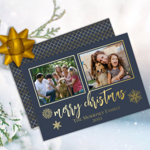 Elegant Merry Christmas Snowflakes 2 Photo Foil Holiday Card
