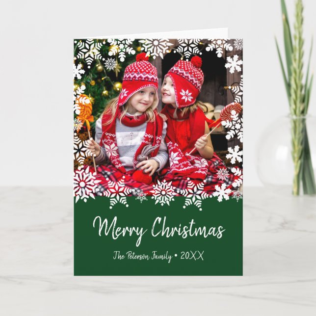 Elegant Merry Christmas snowflakes custom photo Card (Front)