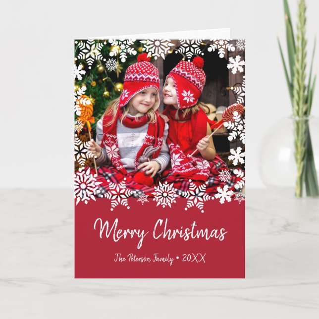 Elegant Merry Christmas snowflakes custom photo Card (Front)