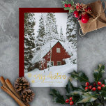 Elegant Merry Christmas Snowflakes Photo Foil Holiday Card<br><div class="desc">Photo gold foil script text "Merry Christmas" with foil snowflakes design.  Back features a solid background colour.  Placeholder template photo courtesy Unsplash.</div>