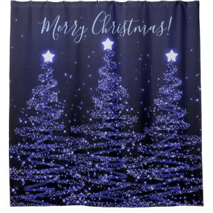 Elegant Merry Christmas Sparkling Trees Blue Shower Curtain