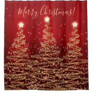 Elegant Merry Christmas Sparkling Trees Red Shower Curtain