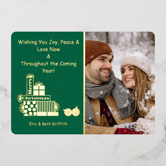 Elegant Merry Christmas Stack of Presents Photo Foil Holiday Card (Front)