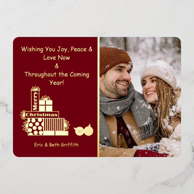 Elegant Merry Christmas Stack of Presents Photo Foil Holiday Card (Front)