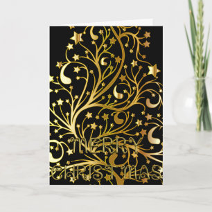 Elegant Merry Christmas Stars Black Gold Shiny Holiday Card