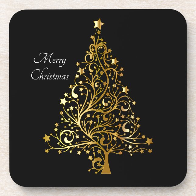 Elegant Merry Christmas Tree Art Gold Black Stars  Coaster (Front)