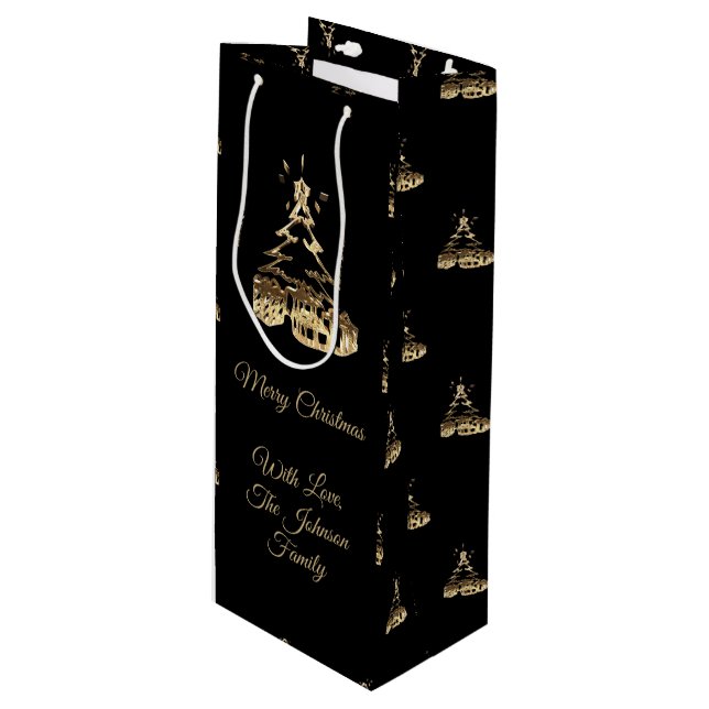 Elegant Merry Christmas Tree Black and Gold Look Wine Gift Bag (Front Angled)