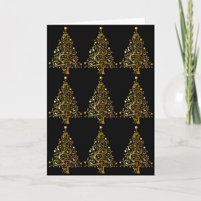 Elegant Merry Christmas Tree Black Gold Shiny Holiday Card (Front)