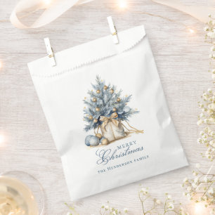Elegant Merry Christmas Tree Gold Blue Custom Name Favour Bags