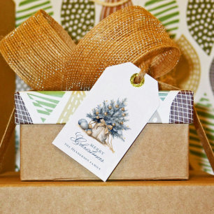 Elegant Merry Christmas Tree Gold Blue Custom Name Gift Tags