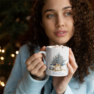 Elegant Merry Christmas Tree Gold Blue Watercolor Coffee Mug