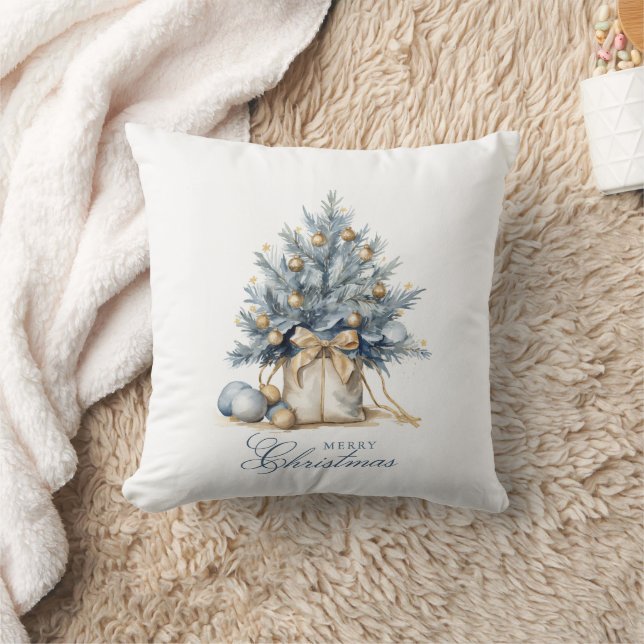 Elegant Merry Christmas Tree Gold Blue Watercolor Cushion (Blanket)