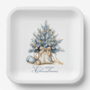 Elegant Merry Christmas Tree Gold Blue Watercolor Paper Plate