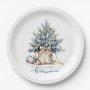 Elegant Merry Christmas Tree Gold Blue Watercolor Paper Plate