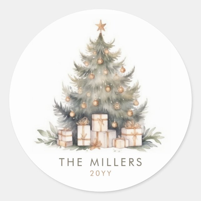 Elegant Merry Christmas Tree Gold Minimalist Classic Round Sticker (Front)