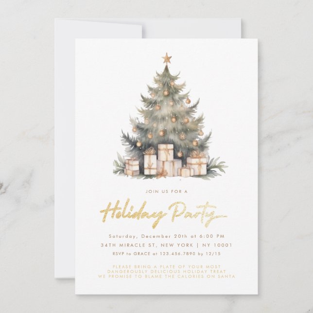 Elegant Merry Christmas Tree Gold Minimalist Invitation (Front)
