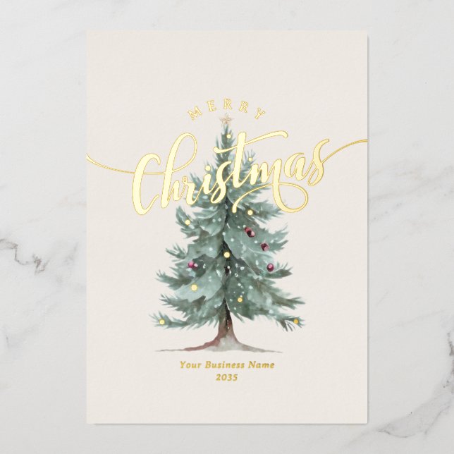 Elegant Merry Christmas Tree Script Business Logo Foil Holiday Card (Front)