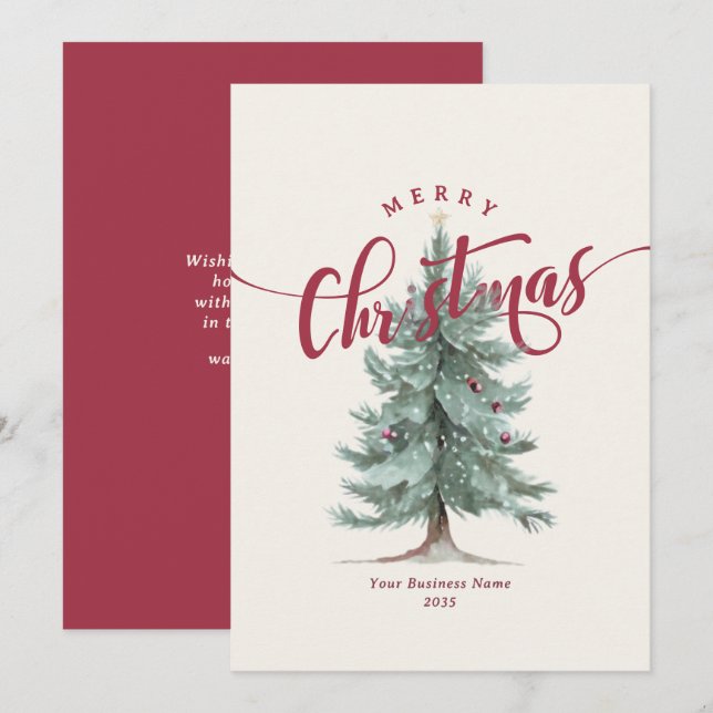 Elegant Merry Christmas Tree Script Business Logo Holiday Card (Front/Back)