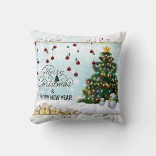 Elegant Merry Christmas Tree with Red berries Boll Cushion